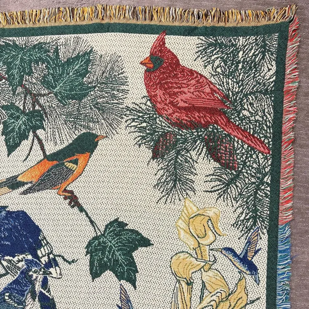 Vintage Nature Bird & Flower Woven Tapestry Throw Blanket Fringed 46